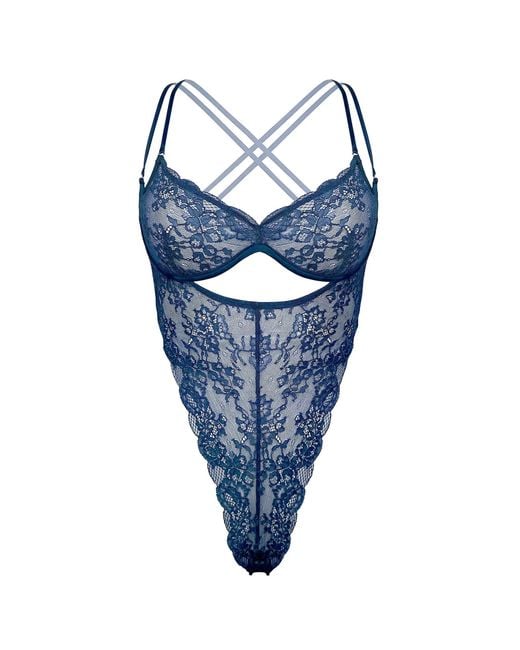 MONIQUE MORIN LINGERIE Blue Rush Ouvert Bodysuit Dark Denim