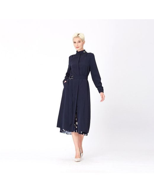 Smart and Joy Blue High Neck And Long Sleeves Shirt-Dress