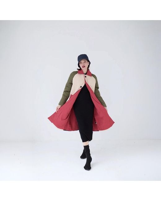 London Atelier Byproduct Pink Neutrals Khaki Patchwork Color Block Quilted Long Jacket
