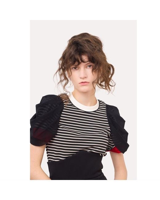Julia Allert Black Striped Knit Blouse With Mesh Puff Sleeves