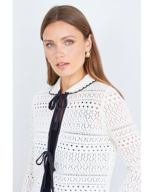 Yumi' White Ivory Crochet Knitted Cardigan With Peter Pan Collar