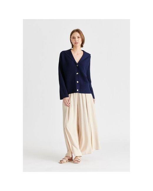 Paisie Blue Sailor Collar Ribbed Cardigan