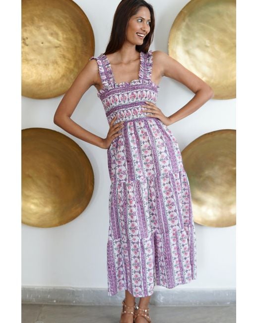 La Mandarine Purple Summer Maxi Dress With Pockets. Block Print Cotton Summer Midi Nap Dress Lila