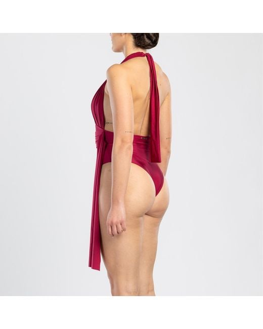 ANTONINIAS Red Plonger Deep Plunge Halter Neck Swimsuit With Decorative Belt