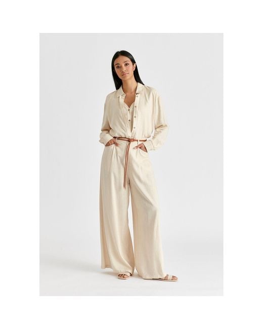 Paisie Natural Neutrals Linen Blend Wide Leg Trousers With Belt