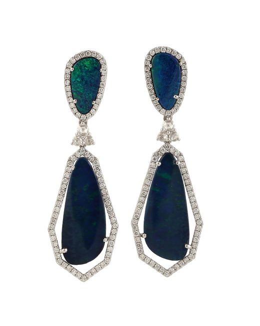 Artisan Blue Uneven Opal Doublet With Pave Diamond Made In 18k White Gold Dangle Earrings