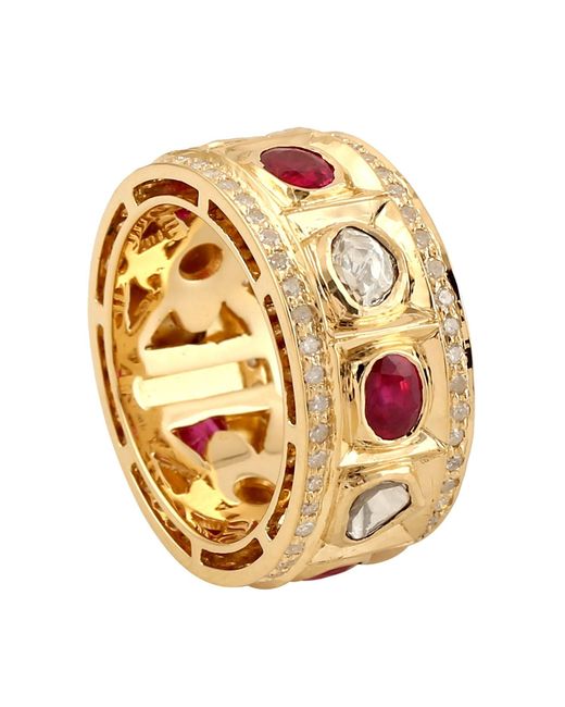 Artisan Metallic Natural Diamond Ruby Trendy Band Rings 18k Yellow Gold Handmade