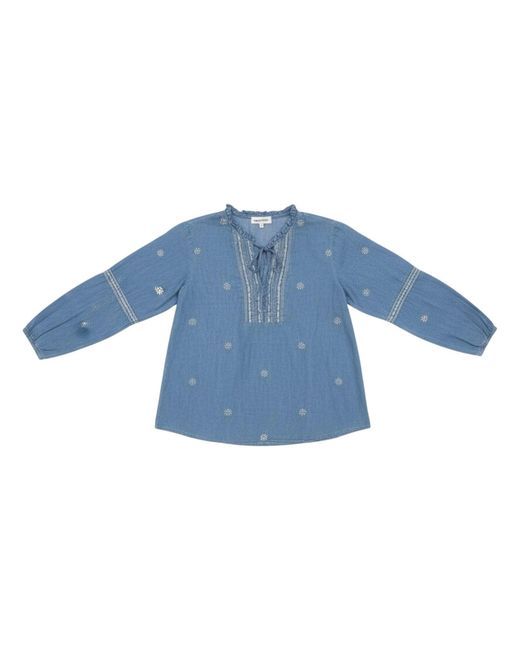 LAtelier London Blue Embroidered Tie-Neck Denim Blouse
