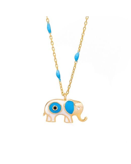 Ebru Jewelry Metallic Wishful Elephant & Evil Eye Enamel Pendant Chain Necklace