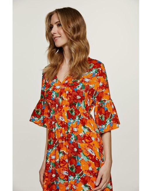 Conquista Orange Floral Ruffle Detail Midi Dress