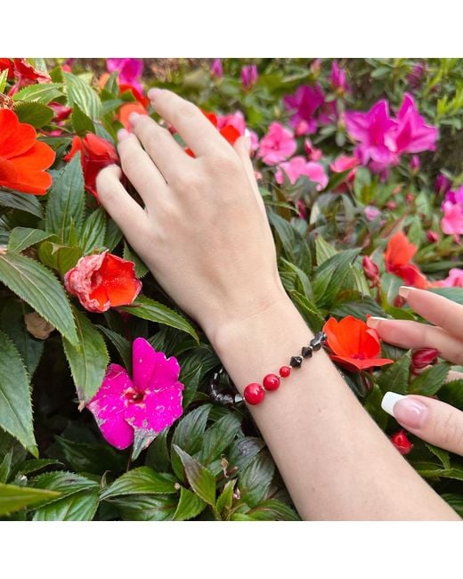Farra Metallic Natural Garnet With Red Coral Adjustable Bracelet