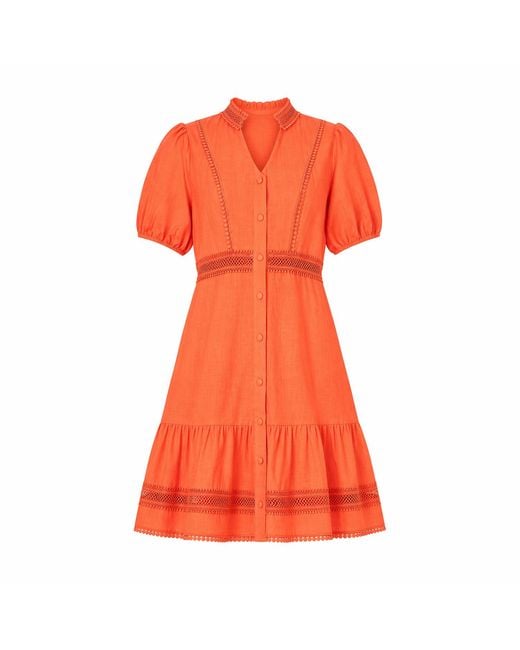 Yumi' Orange Cotton Lace Trim Skater Shirt Dress