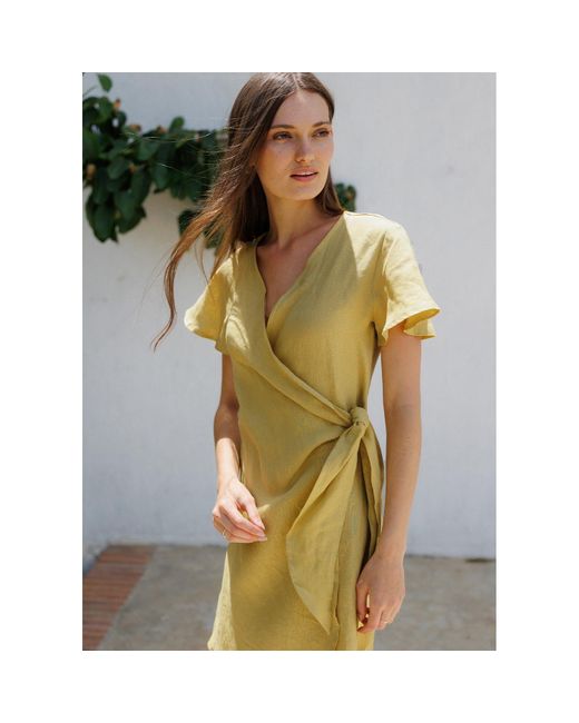 Larsen and Co Yellow Pure Linen Lucca Wrap Dress In Chartreuse