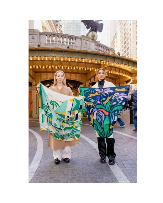 Jessie Zhao New York Green Double Sided Wool Silk Scarf Of Jungle Night
