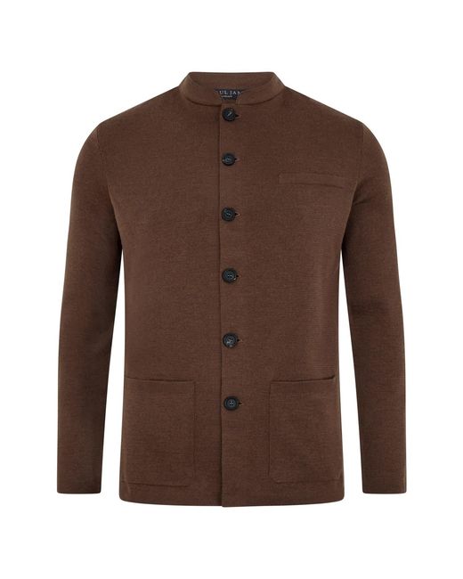 Paul James Knitwear Brown Extra Fine Merino Wool Alonzo Knitted Nehru Jacket for men