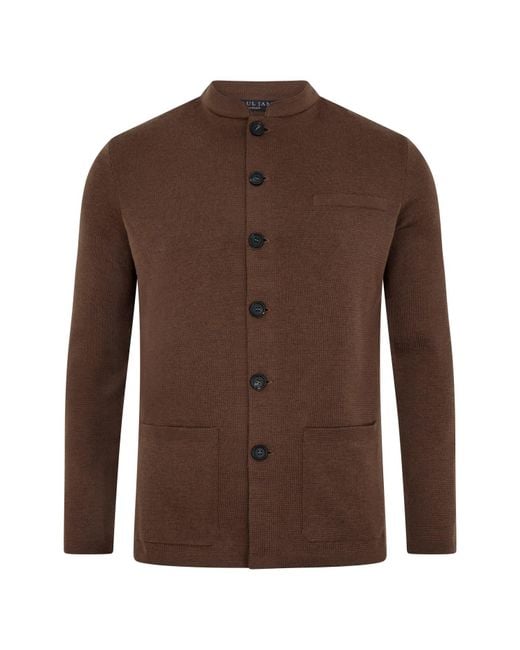 Paul James Knitwear Brown Extra Fine Merino Wool Alonzo Knitted Nehru Jacket for men