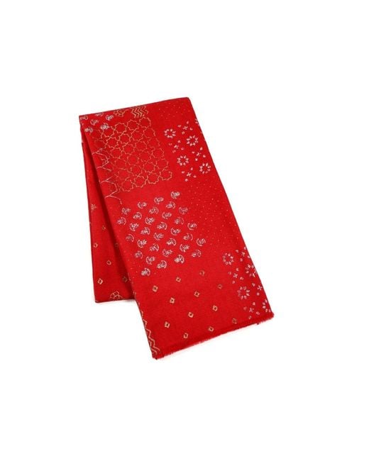 Heritagemoda Red Handwoven Wool Scarf With Metallic Block Print