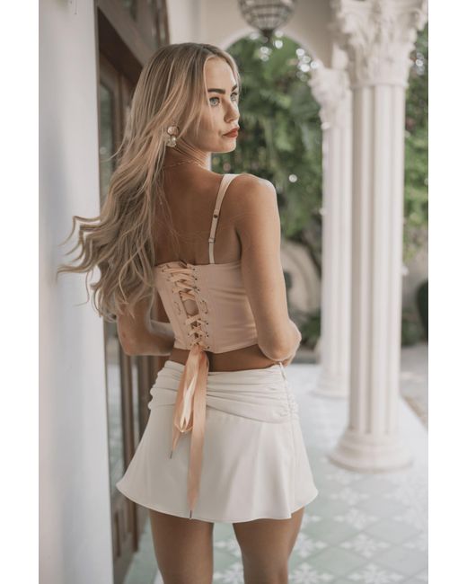 Clerestory Natural Juliette Ruched Satin Drawstring Mini Skirt