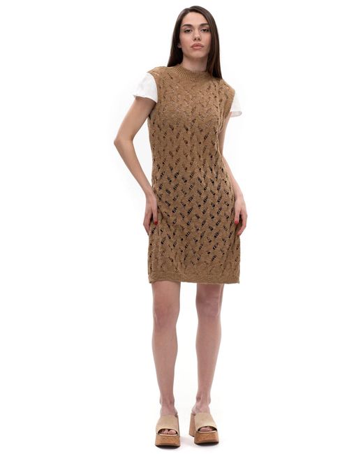 Maison Bogomil Brown Linen Shell – Knit Tunic Dress With Short Linen Sleeves