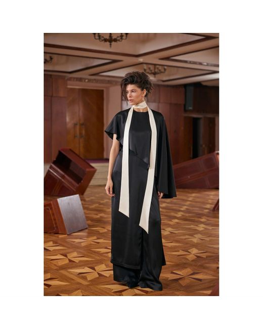 Julia Allert Black Structured Satin Cape Dress With Contrast Scarf