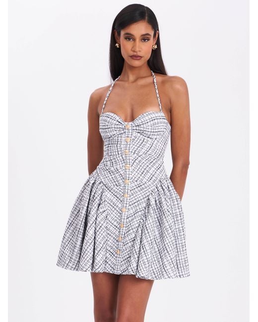 Miss Circle New York Gray Melody & Plaid Tweed Halter Drop Waist Mini Dress