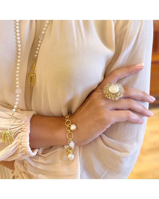 Farra Metallic Romantic Style Floral Freshwater Pearl With Crystal Cocktail Ring