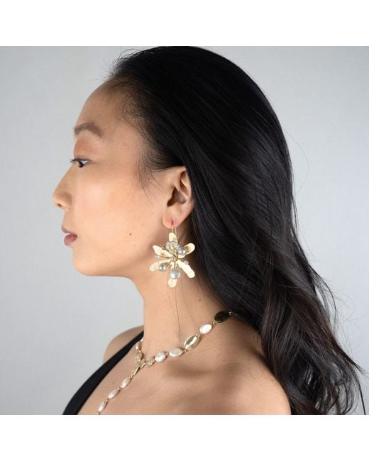 Rare Matters Jewelry Metallic Blossom Pearl Drops Flower Earring