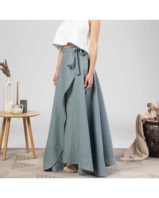 Nikka Place Blue Summer Beach Linen Wrap Skirt With Tie