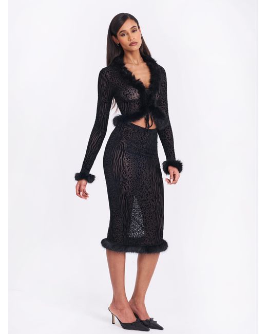 Miss Circle New York Black Halia Animal Print Burnout Velvet Fur Trim Skirt