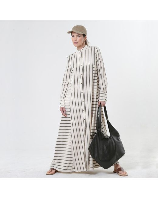 Metamorph White Striped Linen-Cotton Maxi Shirt Dress With Buttons- Khaki Stripes