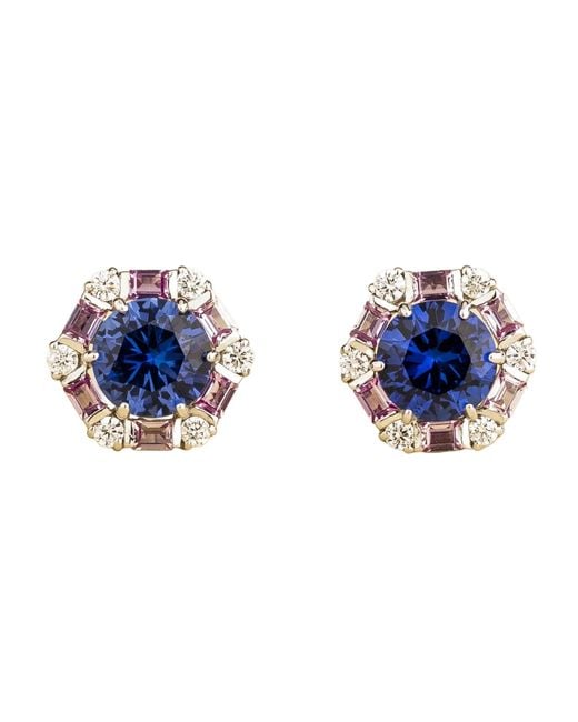 Juvetti Blue Melba Sapphire, Sapphire & Diamond Halo Hexagon Stud Earrings