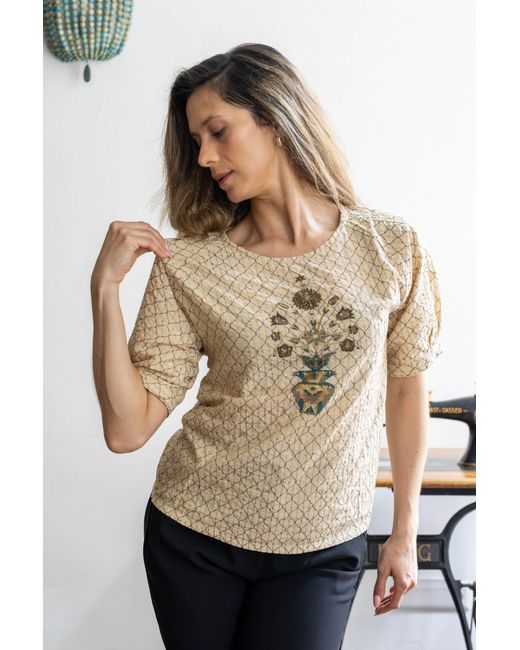 Stovaria Natural Golden Bloom Pure Cotton Top With Zari Embroidery
