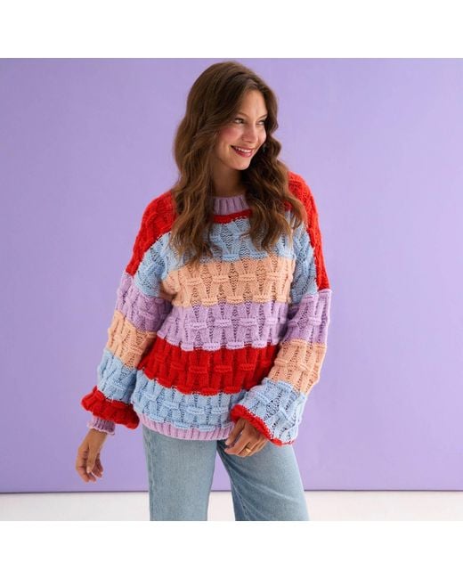 Cara & The Sky Red Mandy Criss-Cross Stitch Balloon Sleeve Stripe Jumper