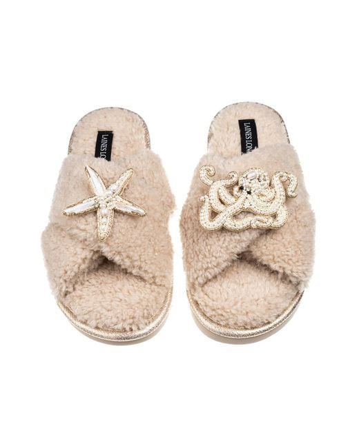 Laines London Natural Neutrals Laines Neutral Boucle Slippers With Pearl Starfish & Octopus Brooches