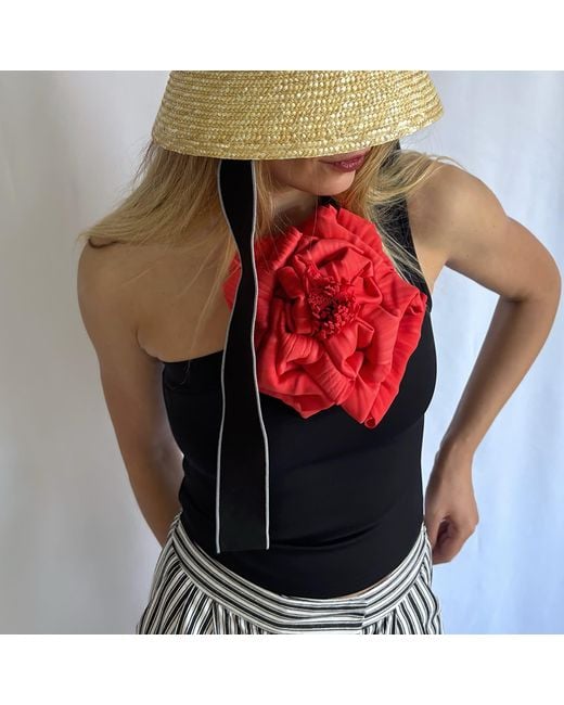 London Atelier Byproduct Red One Shoulder Top With Flower Pin