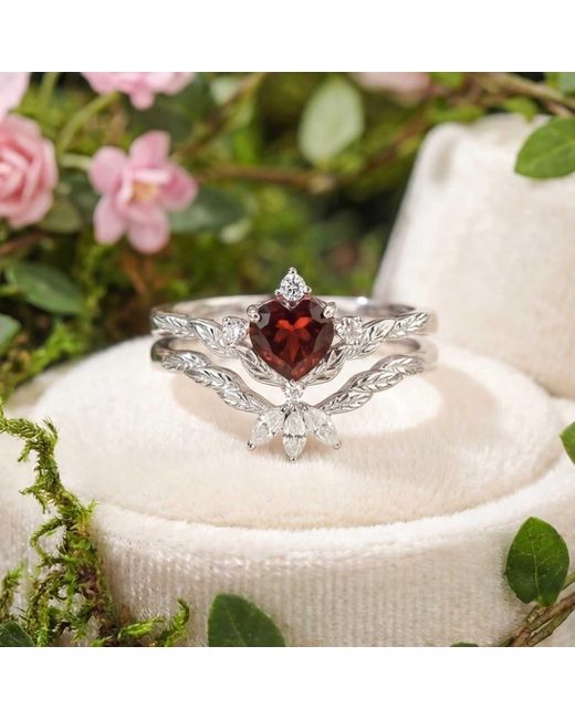Azura Jewelry New York White Flaming Heart Mozambique Garnet Vermeil Ring Set