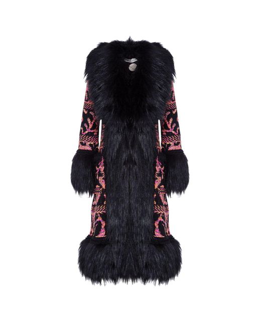 The Extreme Collection Black Alpaca Merino Wool And Cotton Longline Coat With Vegan Fur Details Casiana