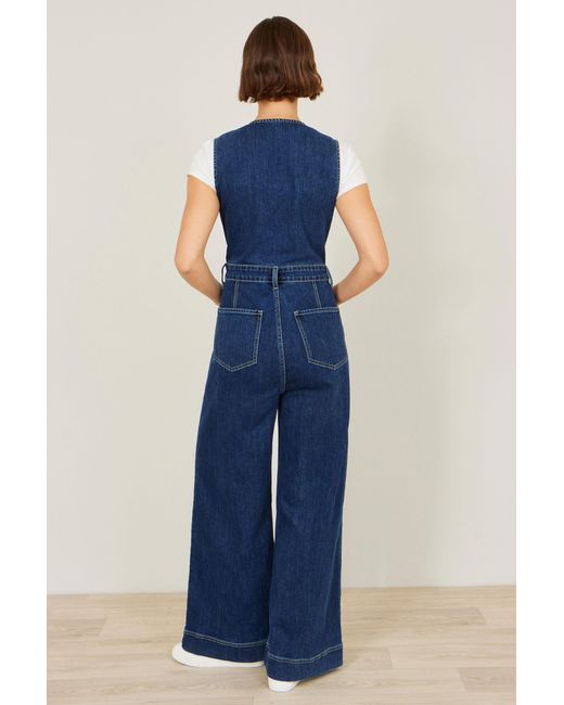 Yumi' Blue Denim Stretch Fitted Jumpsuit
