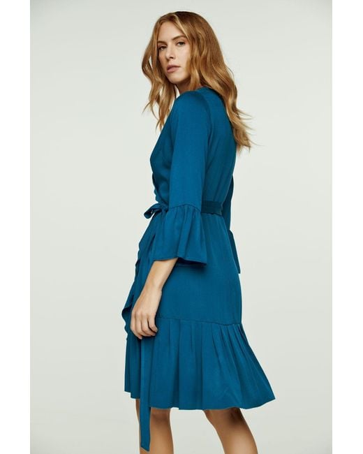 Conquista Blue Petrol Wrap Dress Viscose With Bell Sleeves.