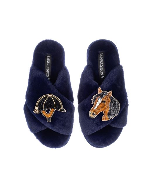 Laines London Blue Classic Laines Slippers With Riding Hat & Horse Brooches