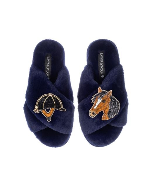 Laines London Blue Classic Laines Slippers With Riding Hat & Horse Brooches