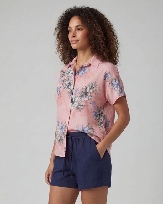 Lords of Harlech Pink Lara Exotic Floral Coral Linen Printed Shirt