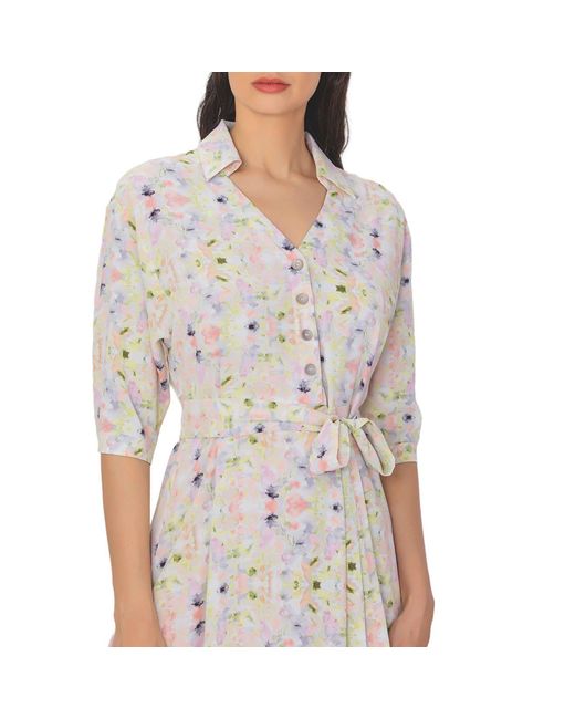 Smart and Joy Natural V Neckline Floral Print Shirt-Dress -Light