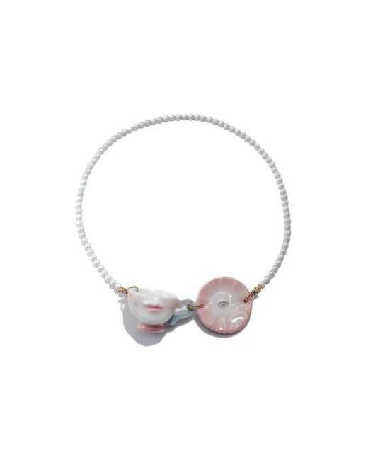 H2 Studio Metallic The Cup Theater Mini Porcelain Cup & Plate Mini Crystal Pearl Necklace