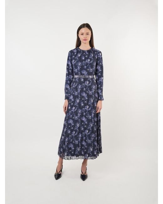 John Abgin Blue Chiffon Floral Textured Pleated Maxi Dress