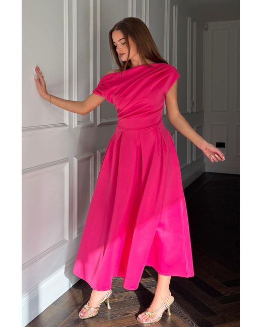 Girl In Mind Pink Betty Asymmetric Neckline Skater Midi Hot