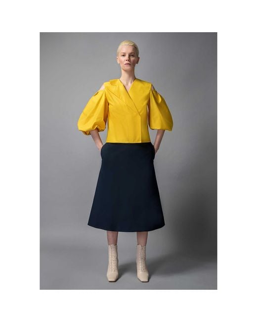 Femponiq Yellow Cold Shoulder Puff Sleeve Lapel Top