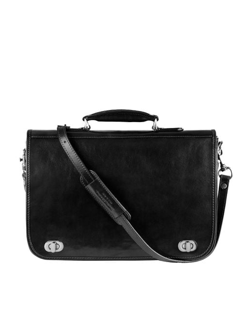 Time Resistance Black Leather Briefcase Laptop Bag for men