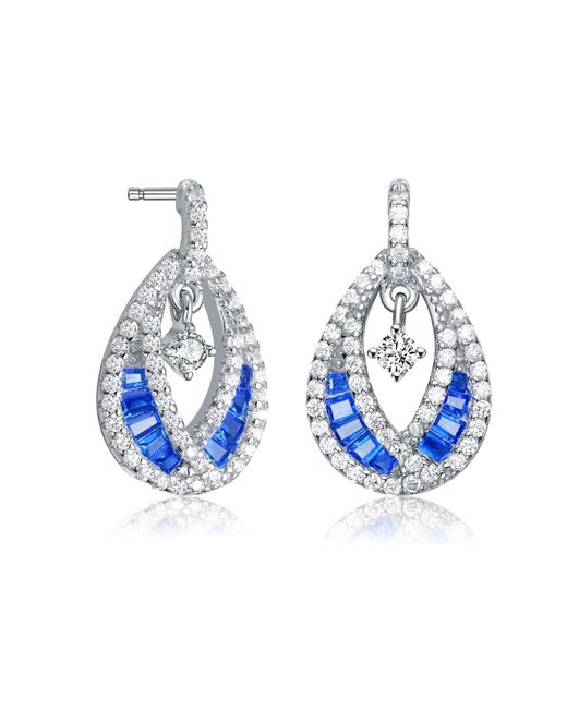 Genevive Jewelry Blue Sterling Silver Rhodium Plated Sapphire Colored Cubic Zirconia Pear Drop Earrings