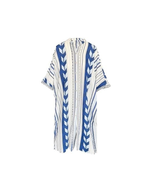Haris Cotton Blue Lace Insert Button-Down Embroidered Cotton Kaftan Arrow